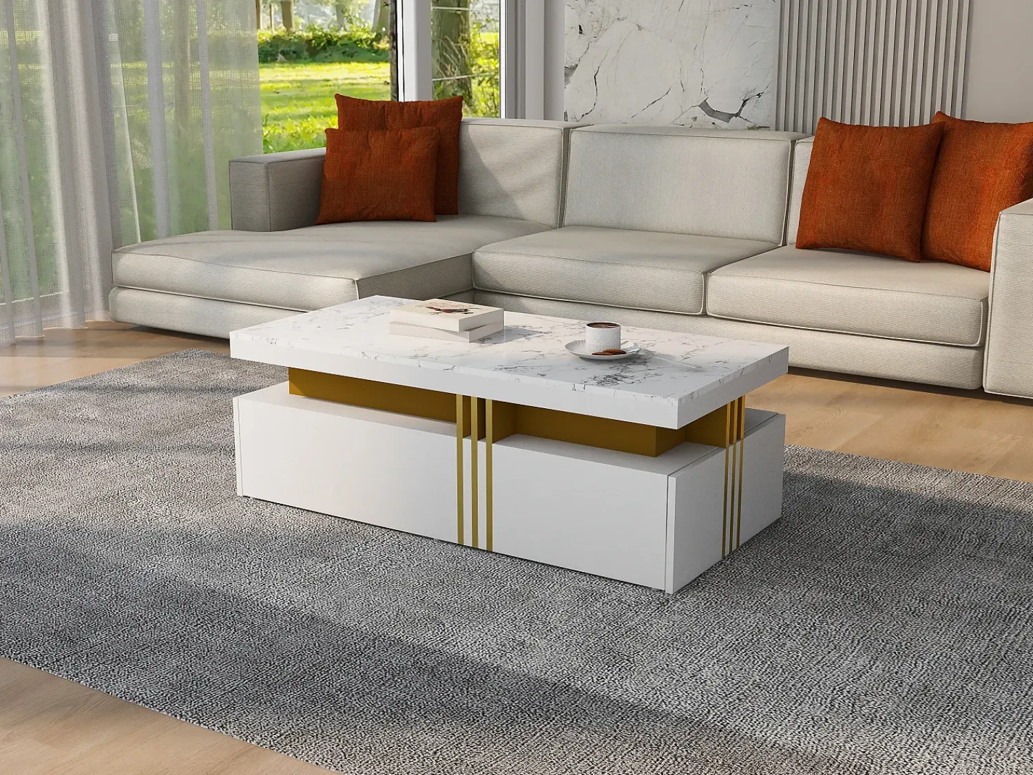 Mesa De Centro*Merax Mesa de centro retangular com 2 gavetas - 100x50x40 cm - aglomerado - tampo marmorizado, para sala - Branco