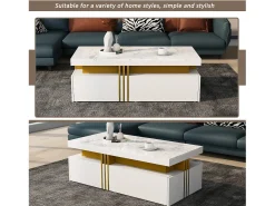 Mesa De Centro*Merax Mesa de centro retangular com 2 gavetas - 100x50x40 cm - aglomerado - tampo marmorizado, para sala - Branco