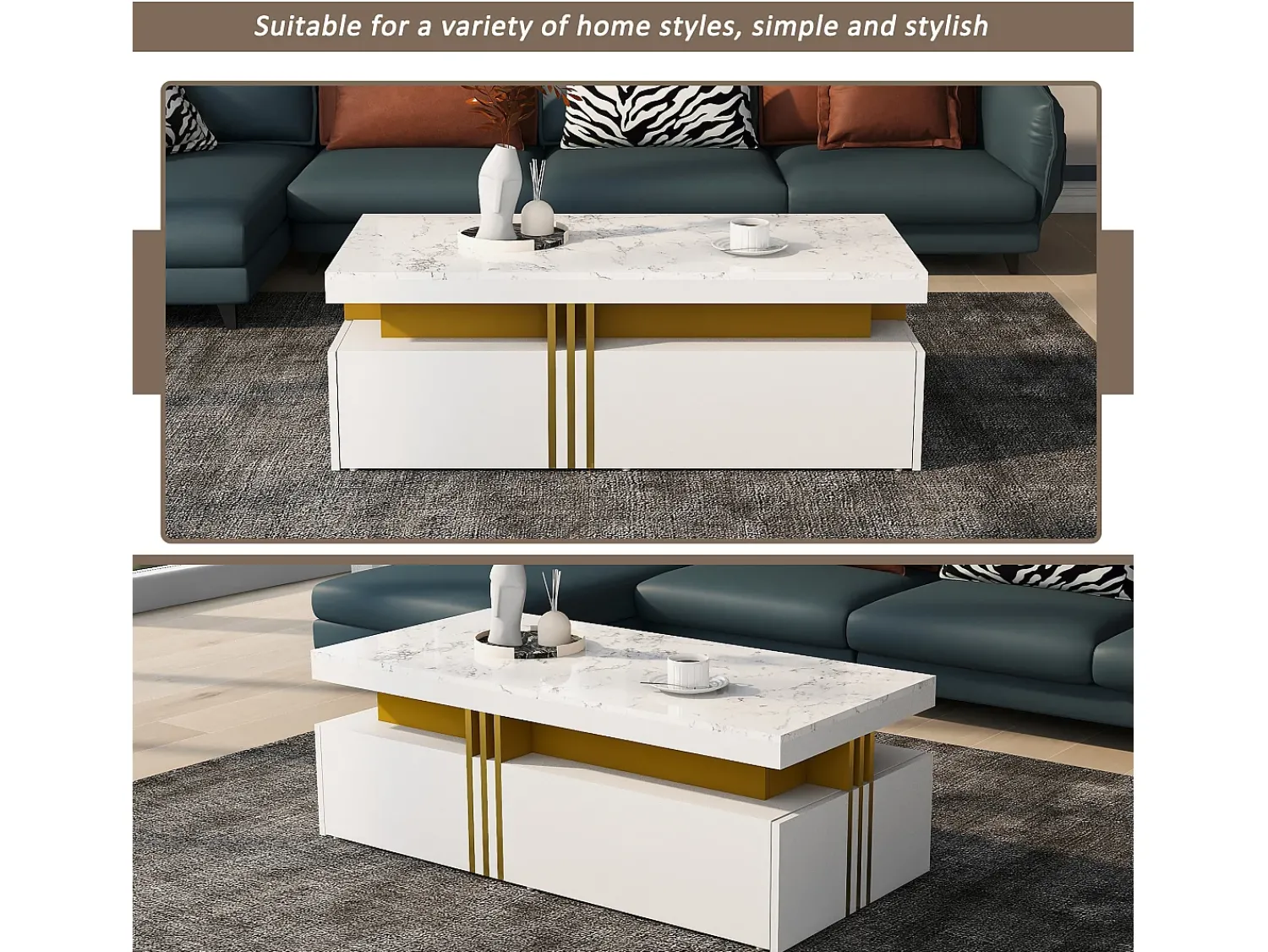 Mesa De Centro*Merax Mesa de centro retangular com 2 gavetas - 100x50x40 cm - aglomerado - tampo marmorizado, para sala - Branco