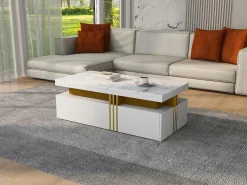 Mesa De Centro*Merax Mesa de centro retangular com 2 gavetas - 100x50x40 cm - aglomerado - tampo marmorizado, para sala - Branco