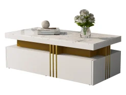 Mesa De Centro*Merax Mesa de centro retangular com 2 gavetas - 100x50x40 cm - aglomerado - tampo marmorizado, para sala - Branco