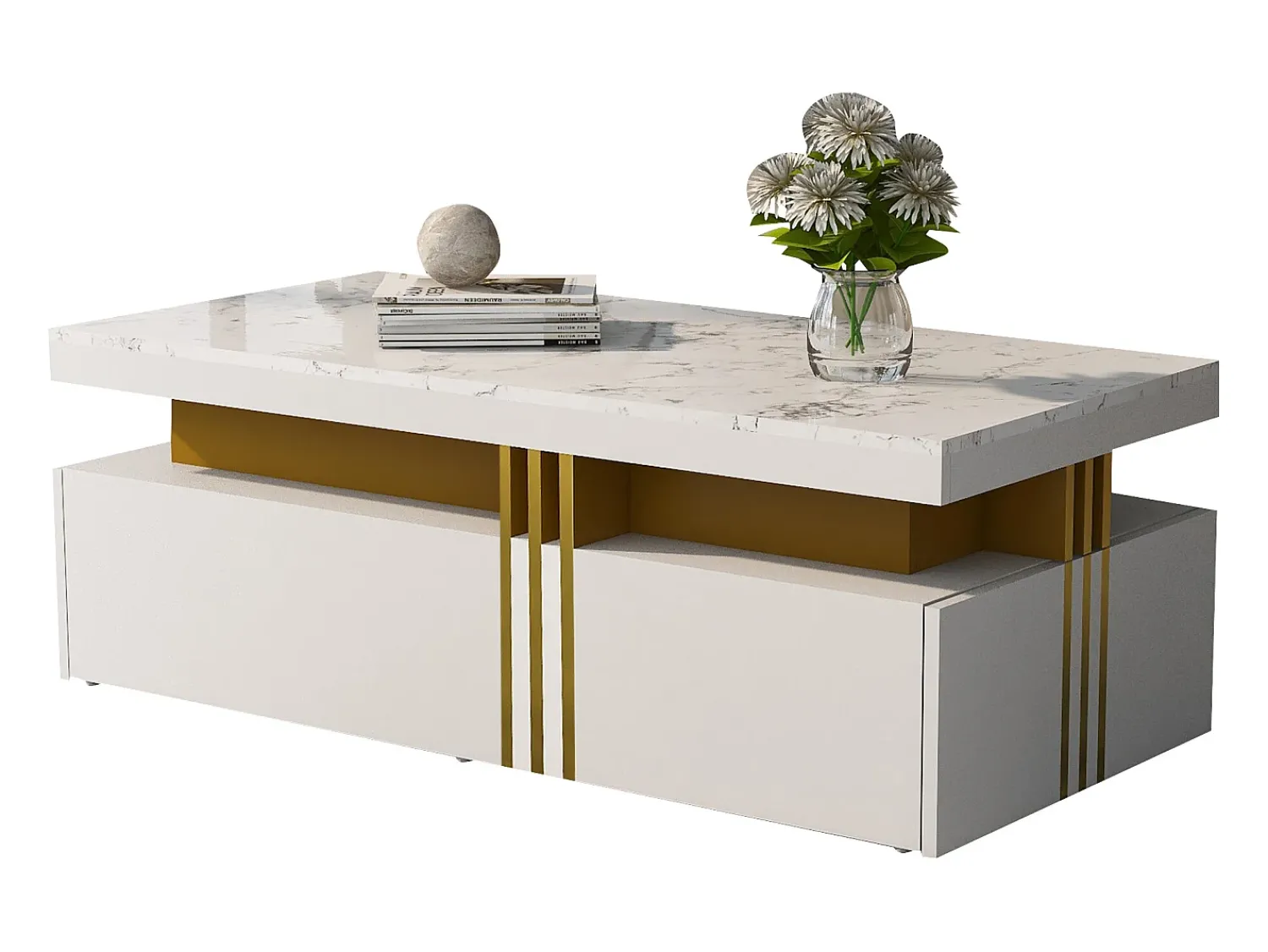 Mesa De Centro*Merax Mesa de centro retangular com 2 gavetas - 100x50x40 cm - aglomerado - tampo marmorizado, para sala - Branco