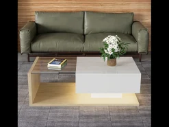 Mesa De Centro*Hauss Spole Mesa de centro retangular 105x55x32,5cm com gaveta, corpo em madeira branca e clara, tampo de vidro Branco
