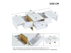Mesa De Centro|Hauss Spole Mesa de centro retangular com 2 gavetas e 2 compartimentos ocultos, branca e dourada Branco