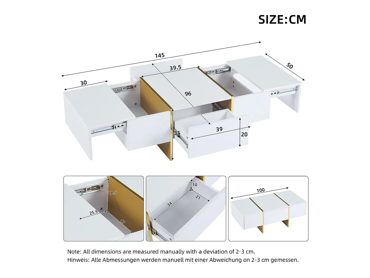 Mesa De Centro|Hauss Spole Mesa de centro retangular com 2 gavetas e 2 compartimentos ocultos, branca e dourada Branco