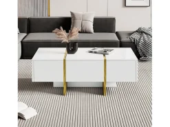 Mesa De Centro|Hauss Spole Mesa de centro retangular com 2 gavetas e 2 compartimentos ocultos, branca e dourada Branco