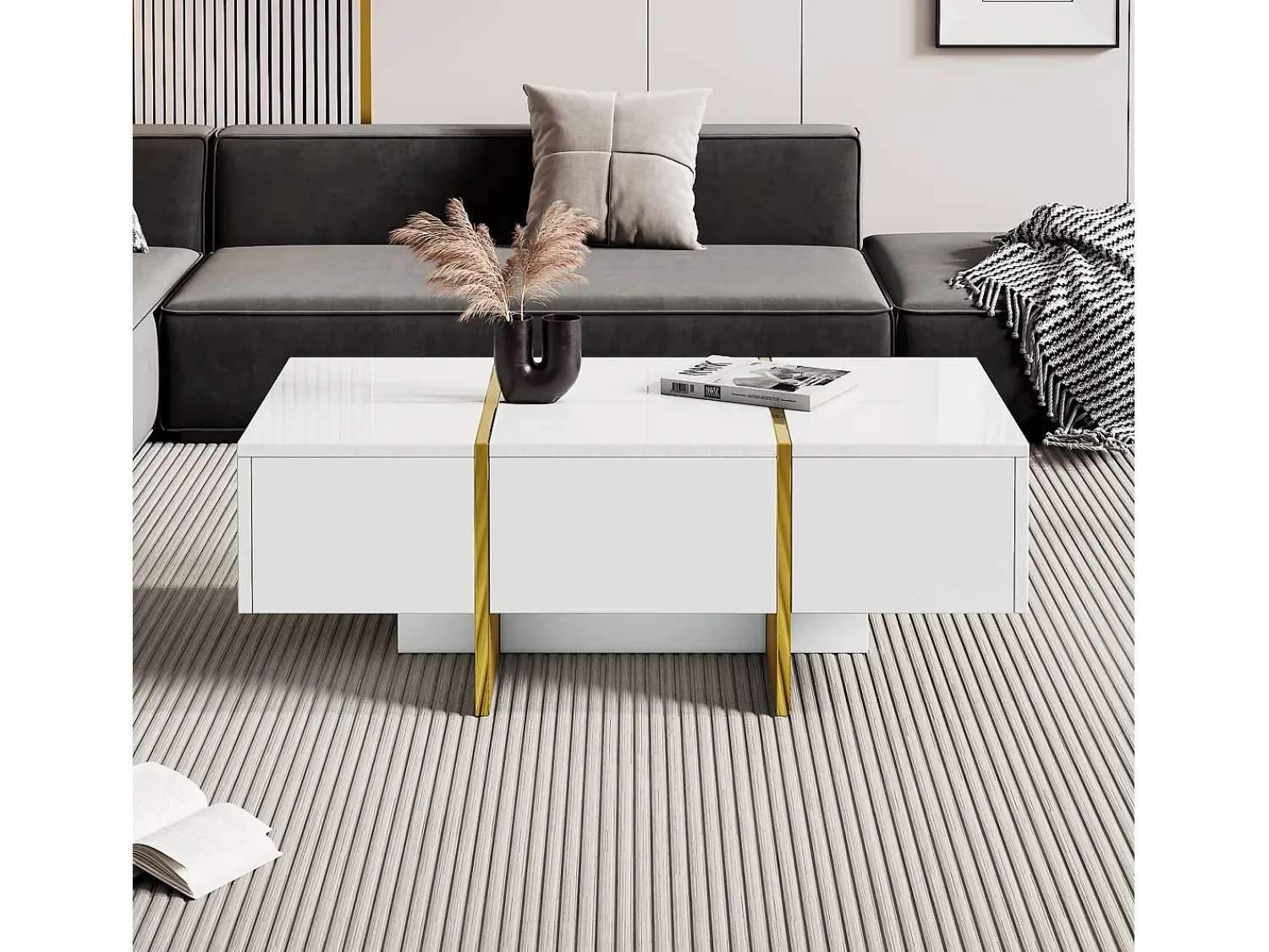 Mesa De Centro|Hauss Spole Mesa de centro retangular com 2 gavetas e 2 compartimentos ocultos, branca e dourada Branco