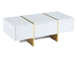 Mesa De Centro|Hauss Spole Mesa de centro retangular com 2 gavetas e 2 compartimentos ocultos, branca e dourada Branco
