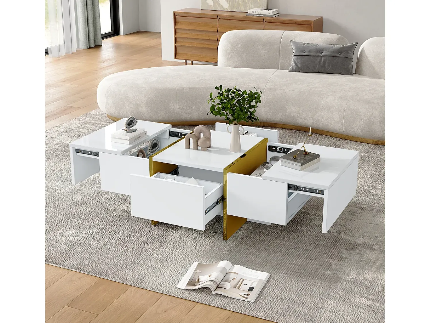 Mesa De Centro|Hauss Spole Mesa de centro retangular com 2 gavetas e 2 compartimentos ocultos, branca e dourada Branco