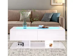 Mesa De Centro| Mesa de Centro Retangular - Mesa de Centro com Iluminação LED e 2 Gavetas - Tampo em Vidro - Branco