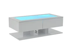 Mesa De Centro| Mesa de Centro Retangular - Mesa de Centro com Iluminação LED e 2 Gavetas - Tampo em Vidro - Branco