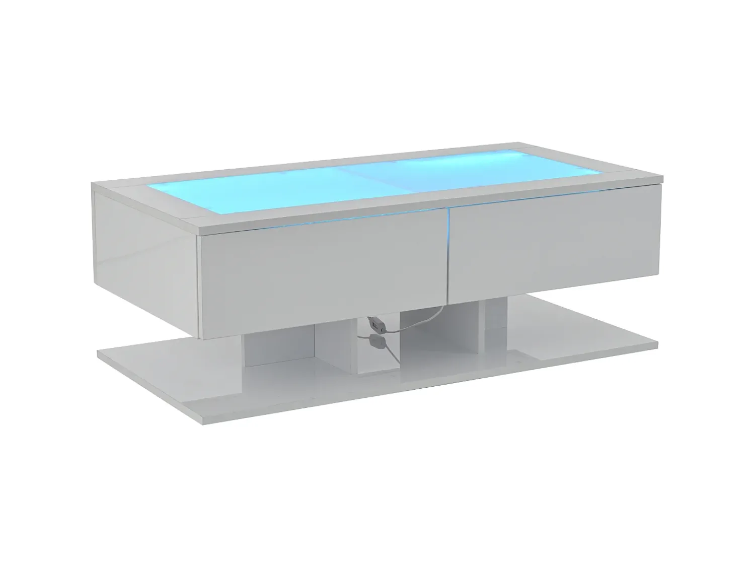 Mesa De Centro| Mesa de Centro Retangular - Mesa de Centro com Iluminação LED e 2 Gavetas - Tampo em Vidro - Branco