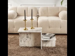 Mesa De Centro|Calicosy Mesa de centro retangular Harmony 80x40x40 cm efeito mármore Freesia, aglomerado melamínico, estilo escandinavo, sem arrumação Branco