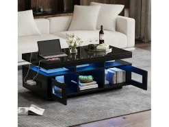 Hauss Spole Mesa de centro retangular 100x50x43cm com 2 portas e nicho, LED, portas USB e tomada incluídas, corpo em laca preta brilhante^ Mesa De Centro
