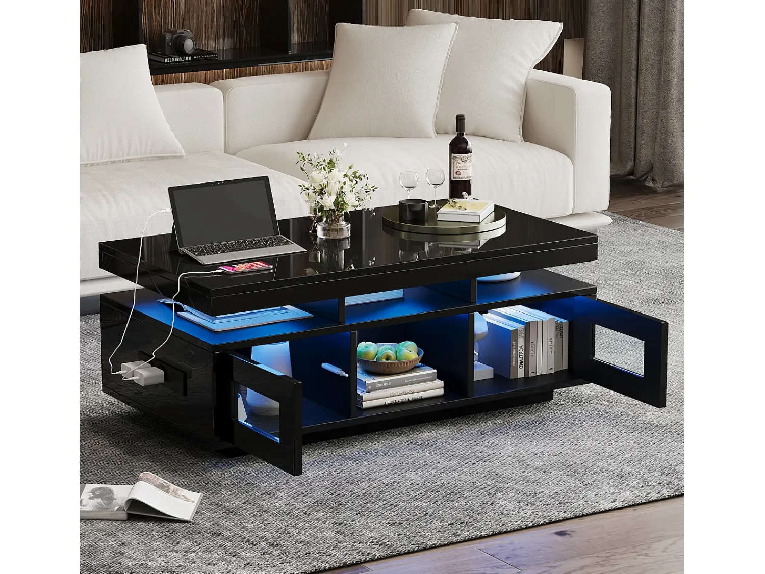 Hauss Spole Mesa de centro retangular 100x50x43cm com 2 portas e nicho, LED, portas USB e tomada incluídas, corpo em laca preta brilhante^ Mesa De Centro
