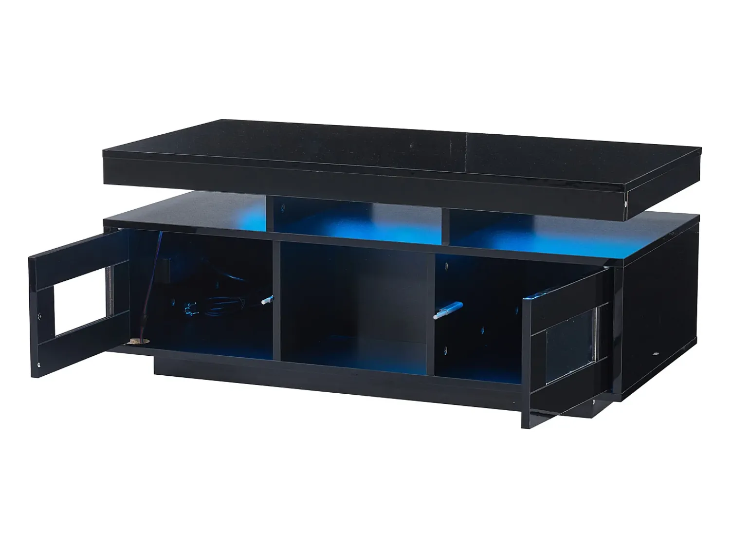 Hauss Spole Mesa de centro retangular 100x50x43cm com 2 portas e nicho, LED, portas USB e tomada incluídas, corpo em laca preta brilhante^ Mesa De Centro