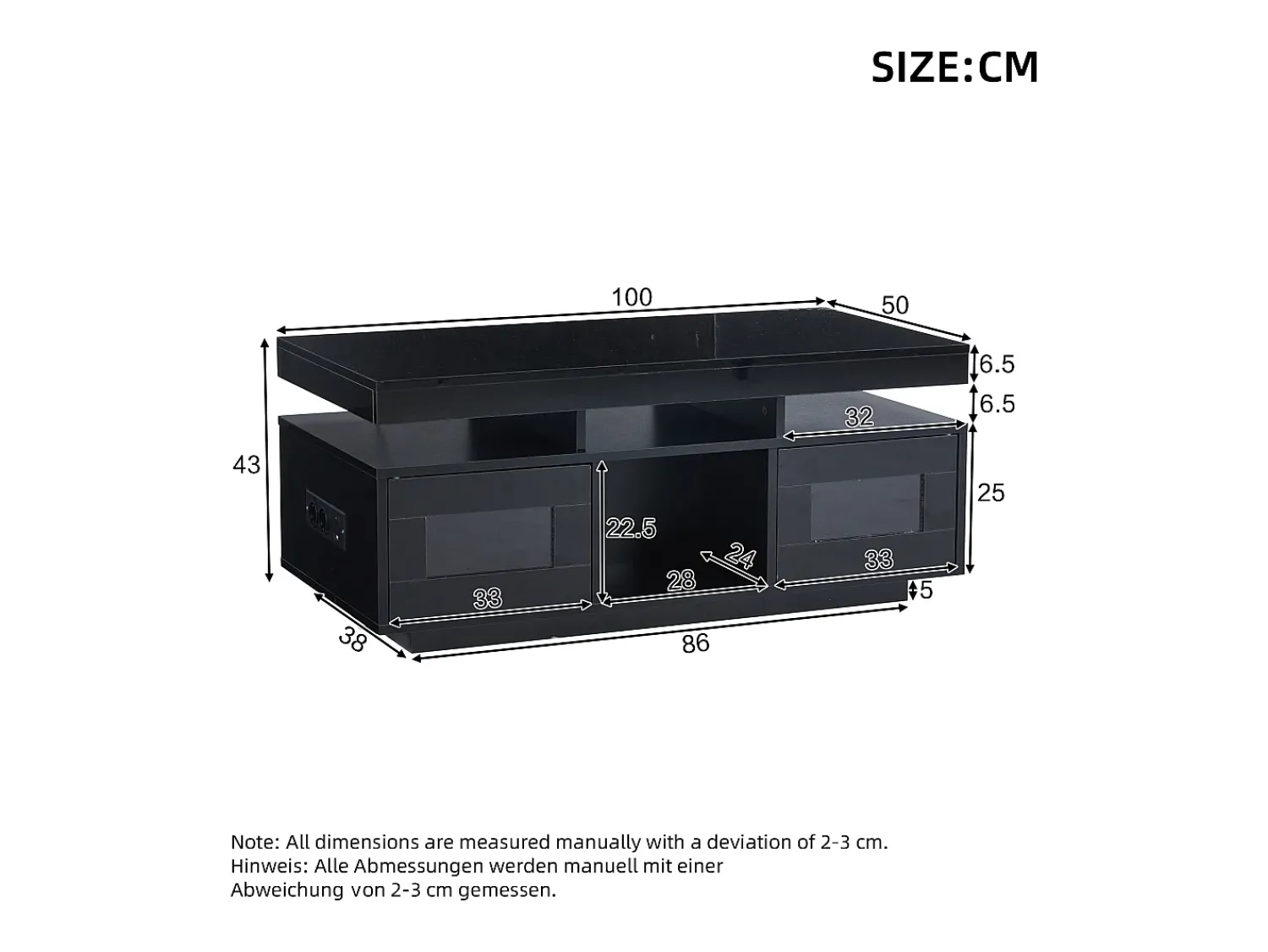 Hauss Spole Mesa de centro retangular 100x50x43cm com 2 portas e nicho, LED, portas USB e tomada incluídas, corpo em laca preta brilhante^ Mesa De Centro