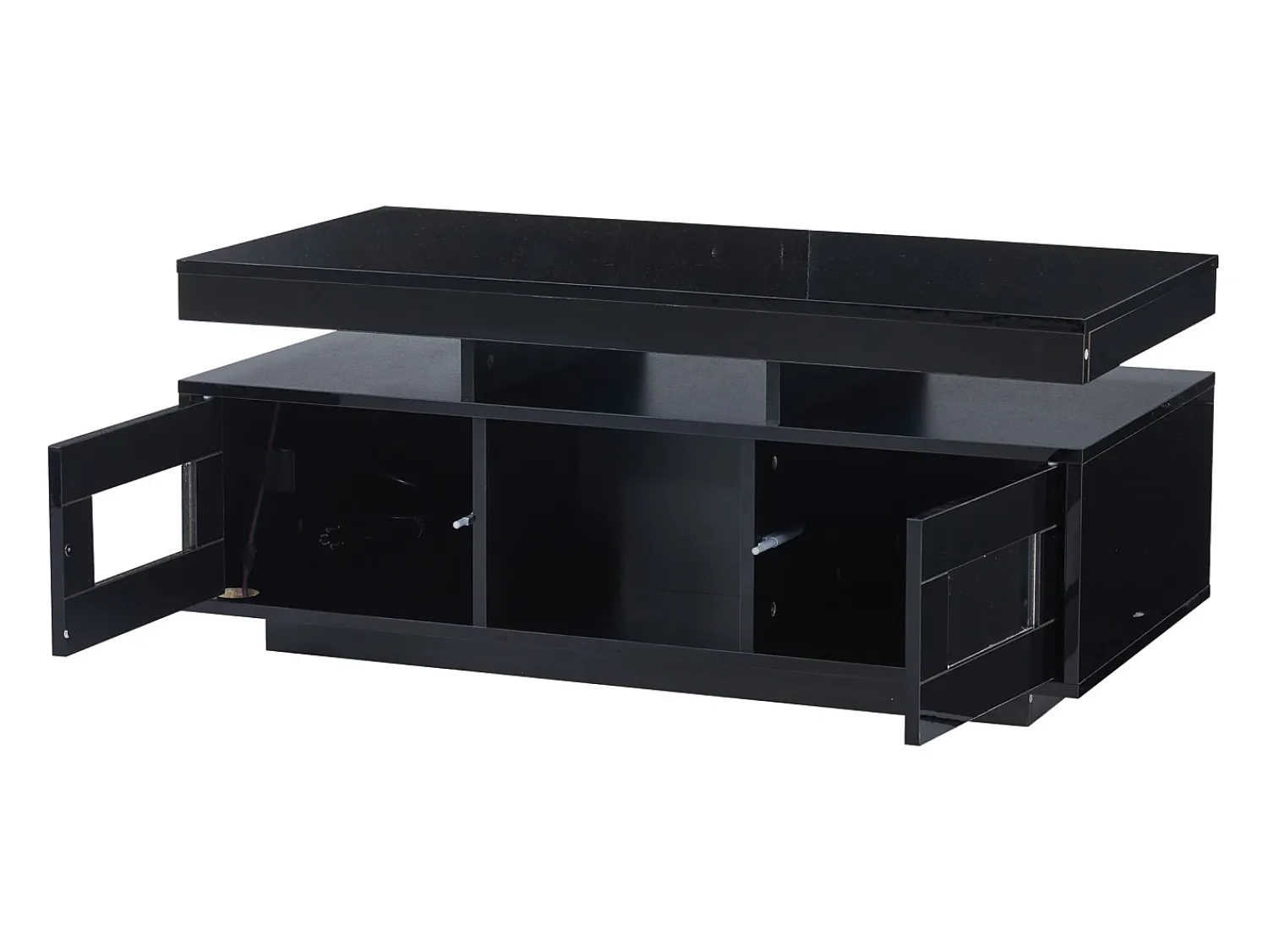 Hauss Spole Mesa de centro retangular 100x50x43cm com 2 portas e nicho, LED, portas USB e tomada incluídas, corpo em laca preta brilhante^ Mesa De Centro