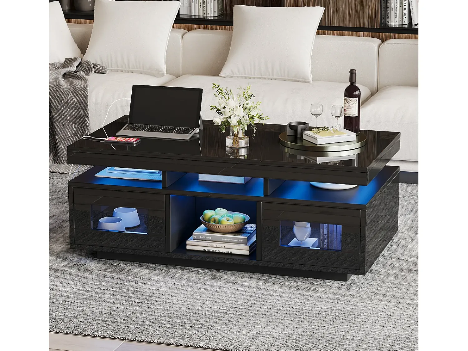 Hauss Spole Mesa de centro retangular 100x50x43cm com 2 portas e nicho, LED, portas USB e tomada incluídas, corpo em laca preta brilhante^ Mesa De Centro
