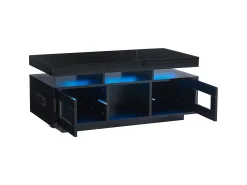 Hauss Spole Mesa de centro retangular 100x50x43cm com 2 portas e nicho, LED, portas USB e tomada incluídas, corpo em laca preta brilhante^ Mesa De Centro