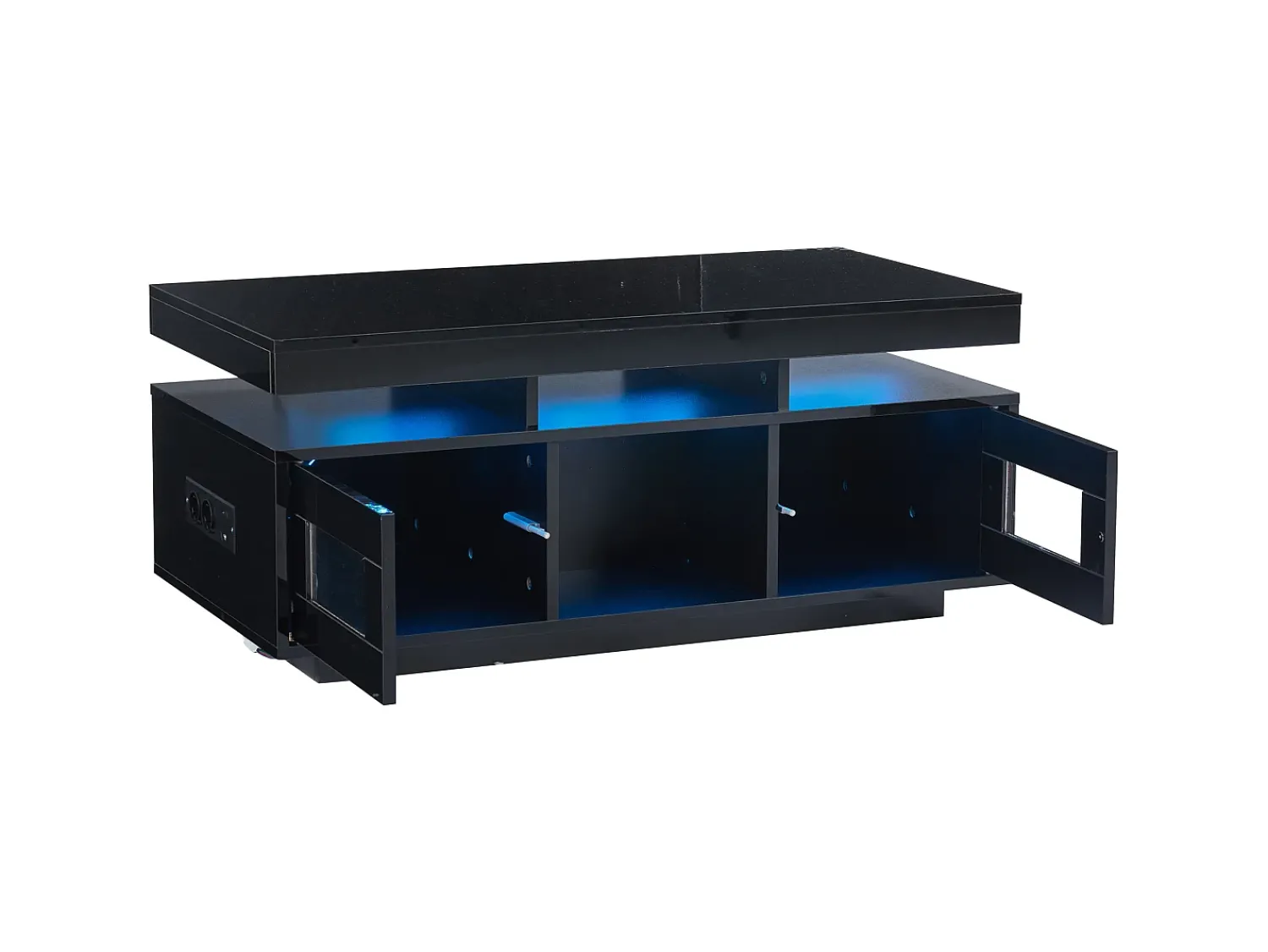 Hauss Spole Mesa de centro retangular 100x50x43cm com 2 portas e nicho, LED, portas USB e tomada incluídas, corpo em laca preta brilhante^ Mesa De Centro