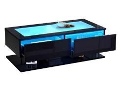 Mesa De Centro| Mesa de centro retangular - Mesa de centro com iluminação LED e 2 gavetas - Tampo em vidro - Preto