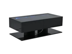 Mesa De Centro| Mesa de centro retangular - Mesa de centro com iluminação LED e 2 gavetas - Tampo em vidro - Preto