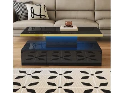 Mesa De Centro*Hauss Spole Mesa de centro retangular 100x50x38,5cm com 1 gaveta e LED, Tampo duplo, corpo em brilhante Preto