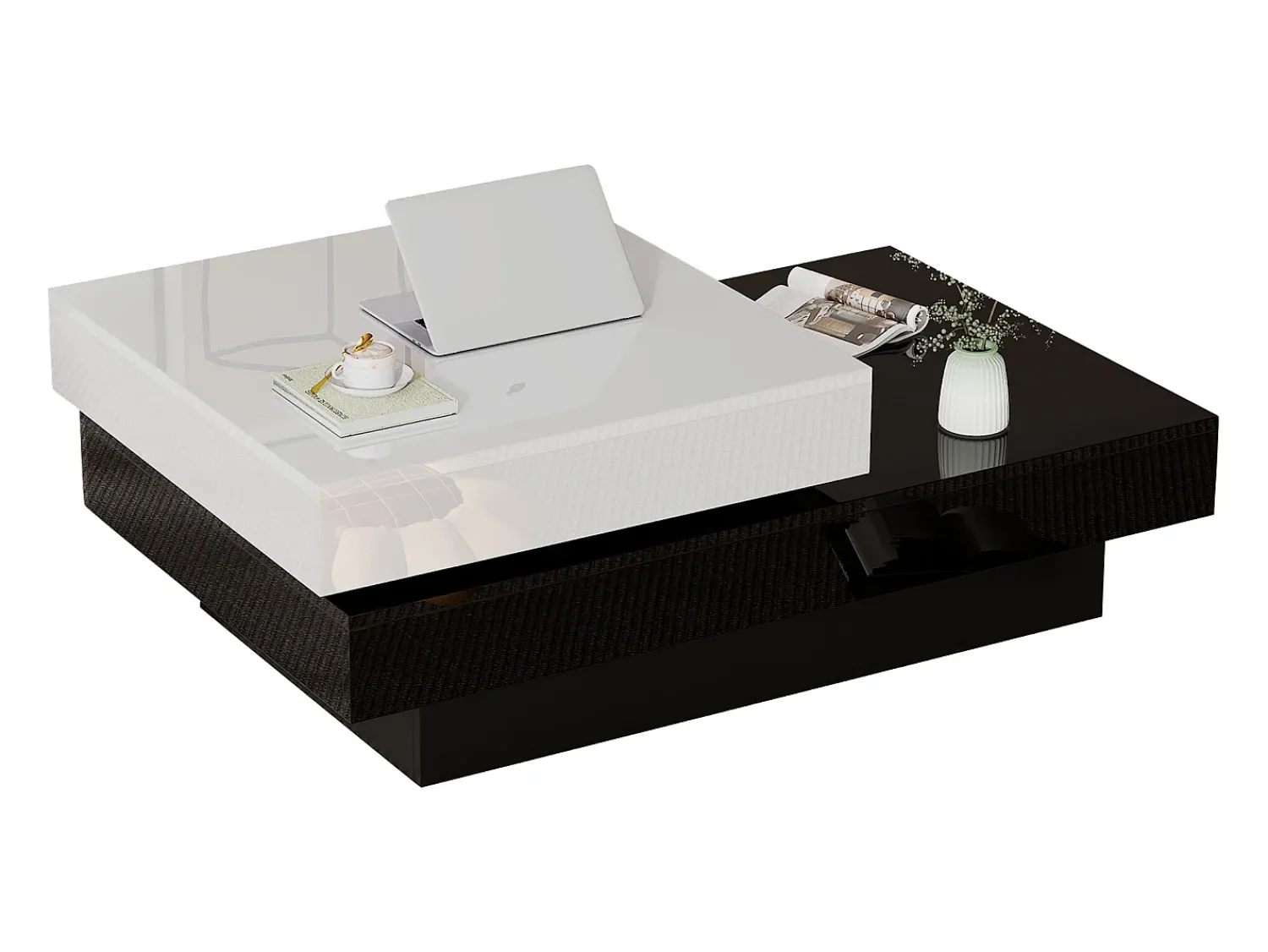 Mesa De Centro* Mesa de centro retangular - Giratória com acabamento brilhante e - preta e branca - para salas de estar Branco