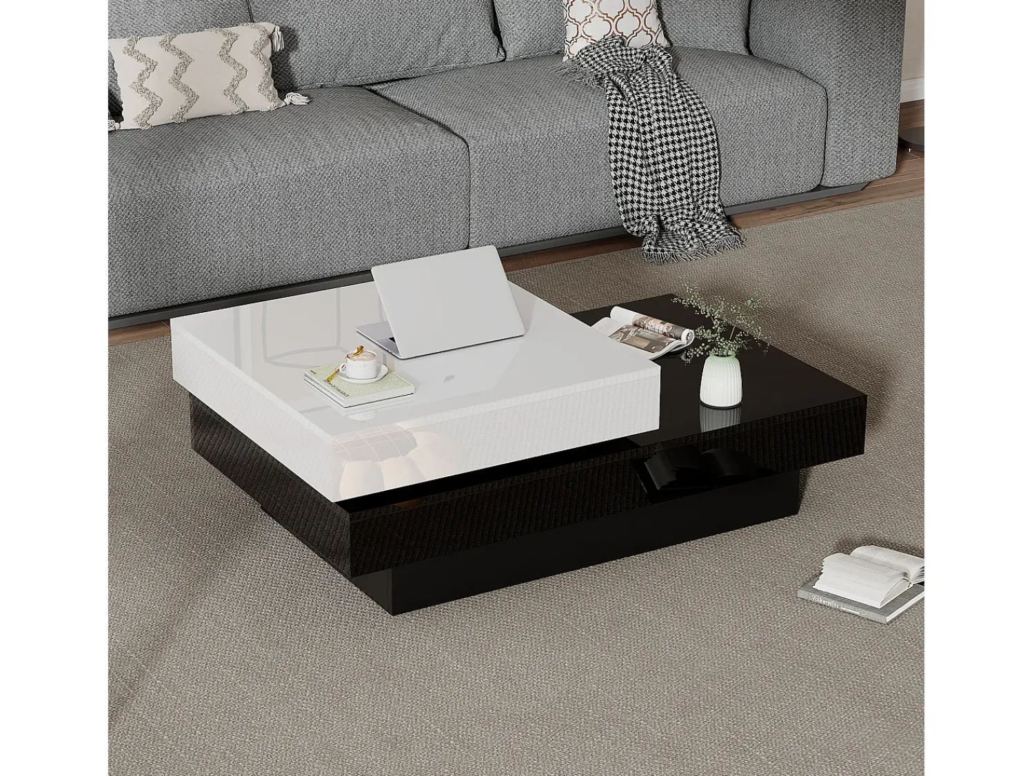 Mesa De Centro* Mesa de centro retangular - Giratória com acabamento brilhante e - preta e branca - para salas de estar Branco