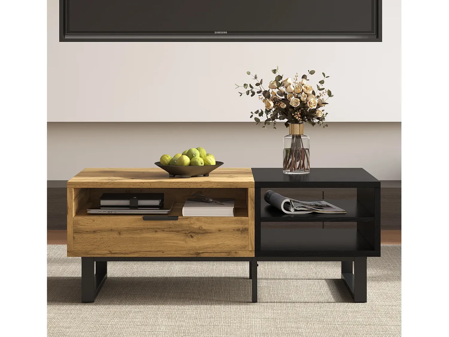 Mesa De Centro|Hauss Spole Mesa de centro retangular 100x50x40cm com gaveta, corpo em madeira preta e natural Preto