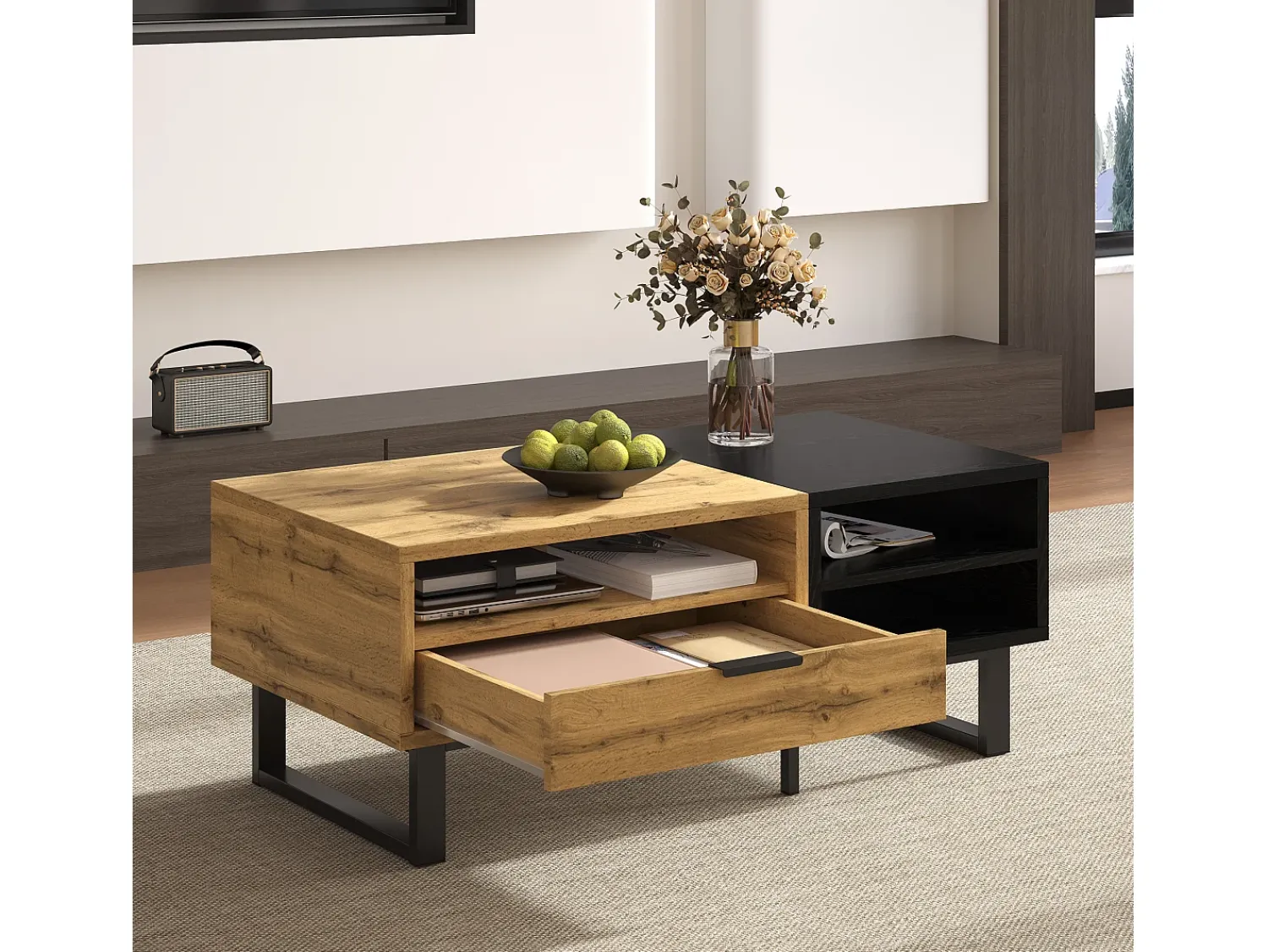 Mesa De Centro|Hauss Spole Mesa de centro retangular 100x50x40cm com gaveta, corpo em madeira preta e natural Preto