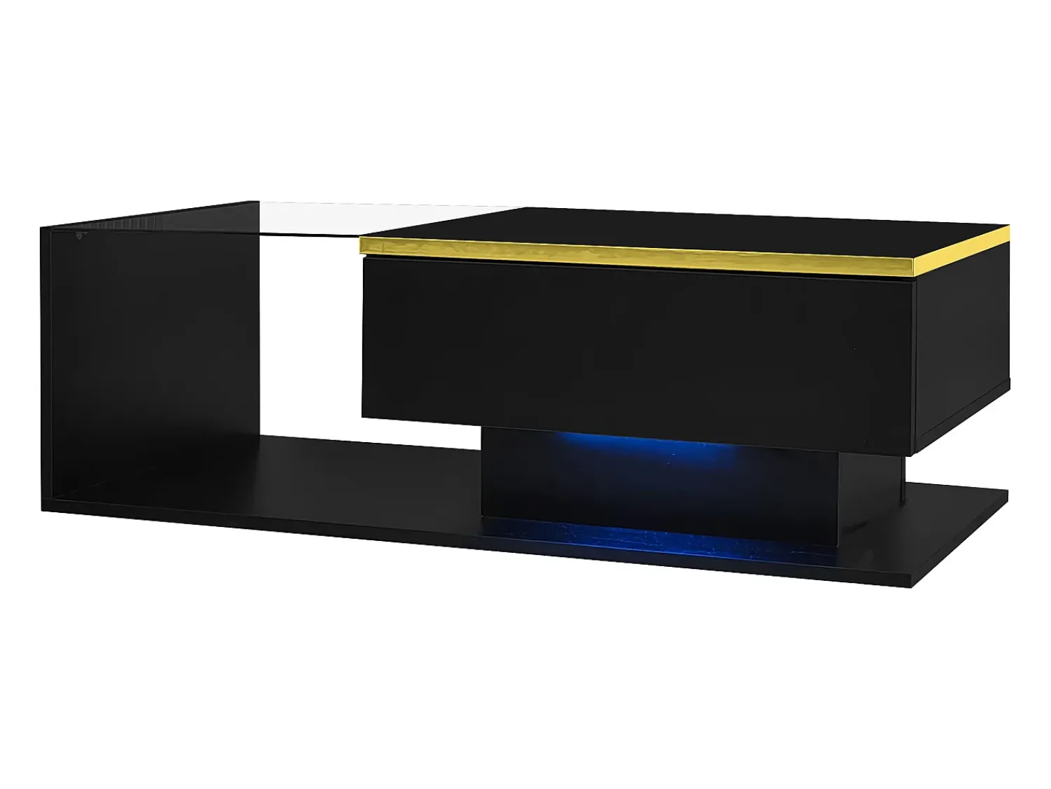 Clearance Hauss Spole Mesa de centro retangular 100x50x32,5cm com compartimento de arrumação, corpo e tampo de vidro, LED incluído Preto