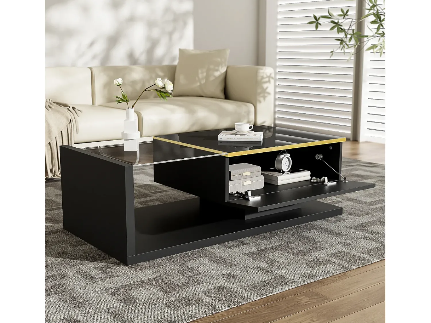 Clearance Hauss Spole Mesa de centro retangular 100x50x32,5cm com compartimento de arrumação, corpo e tampo de vidro, LED incluído Preto