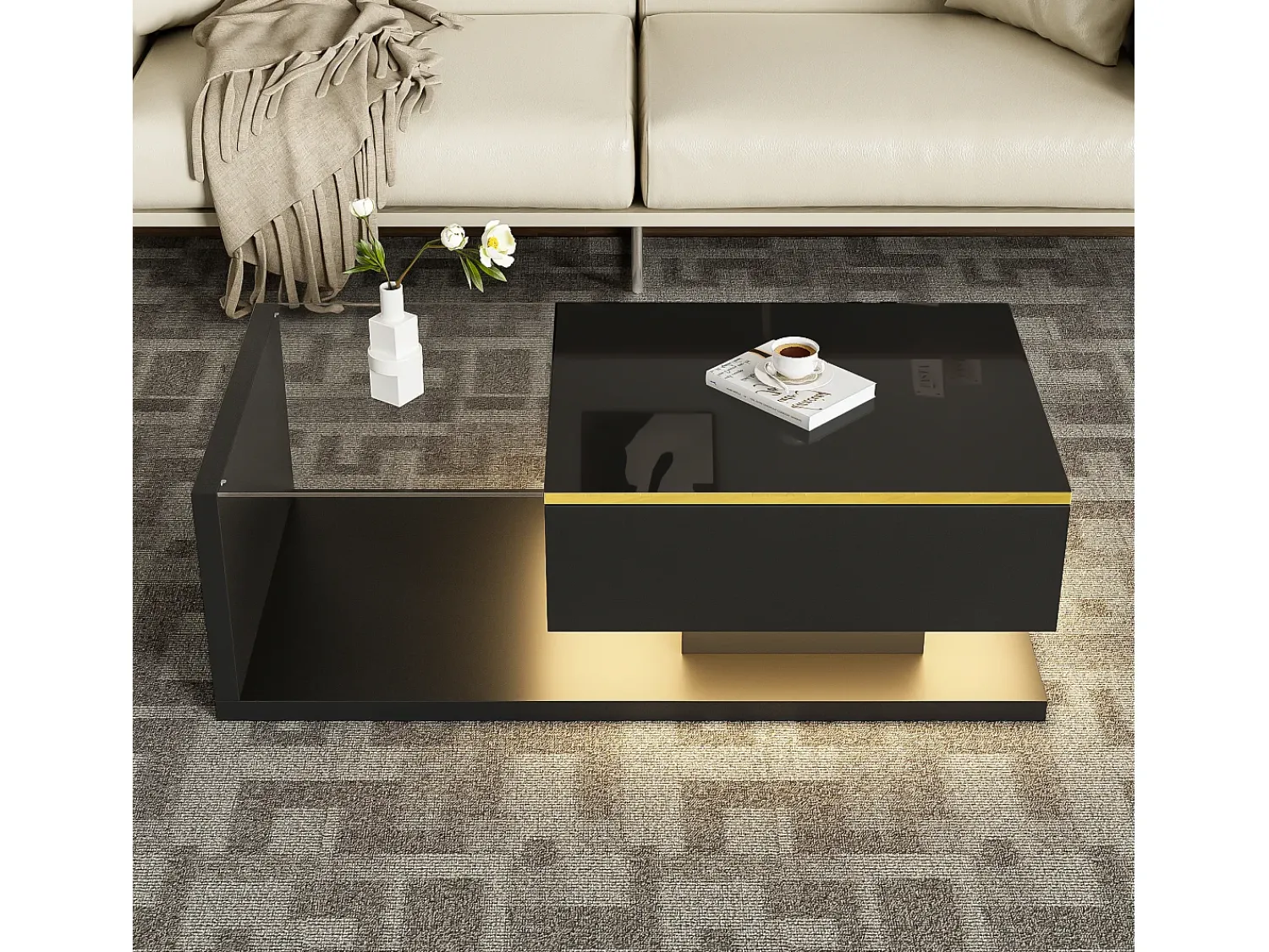 Clearance Hauss Spole Mesa de centro retangular 100x50x32,5cm com compartimento de arrumação, corpo e tampo de vidro, LED incluído Preto