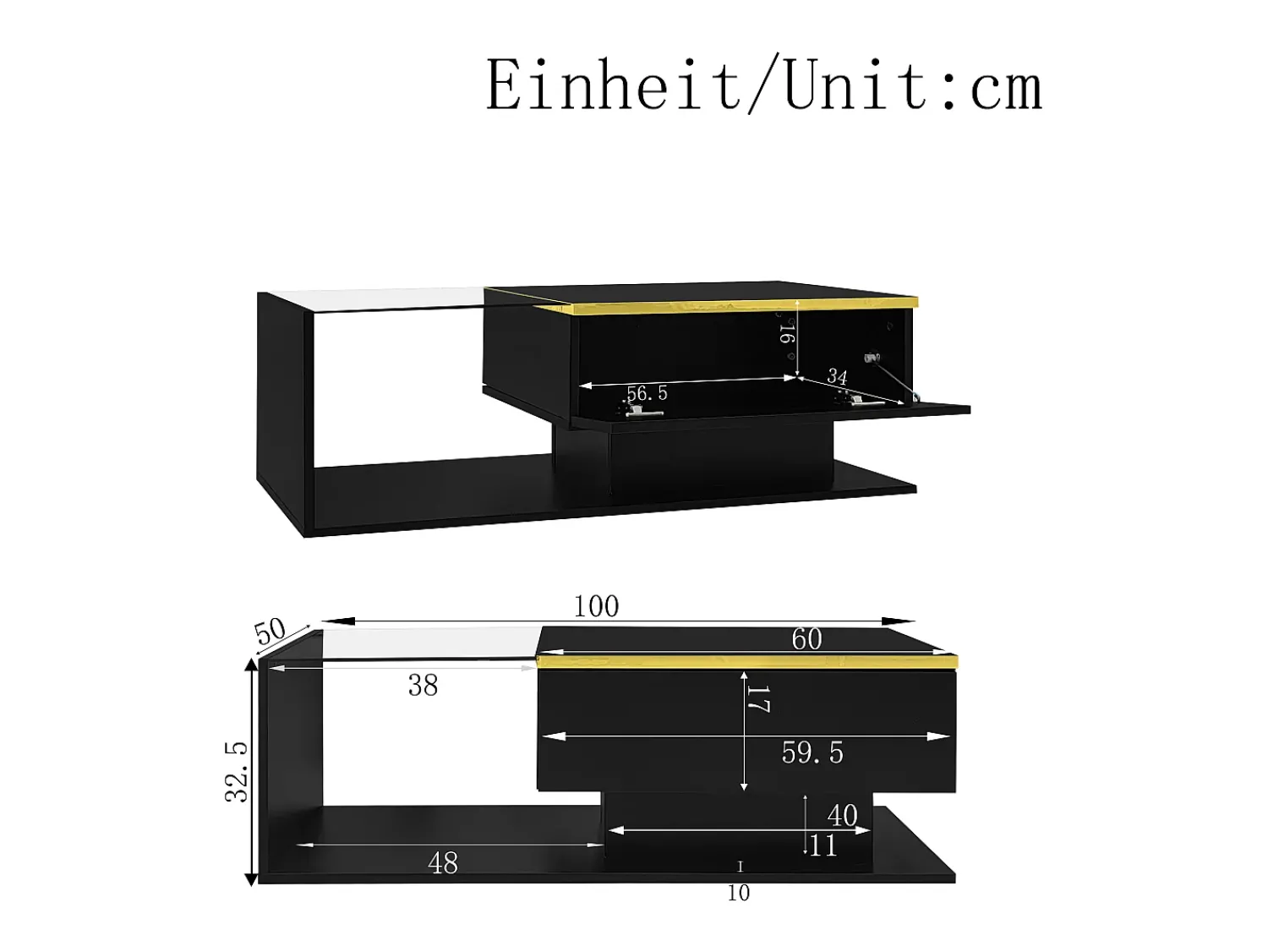 Clearance Hauss Spole Mesa de centro retangular 100x50x32,5cm com compartimento de arrumação, corpo e tampo de vidro, LED incluído Preto