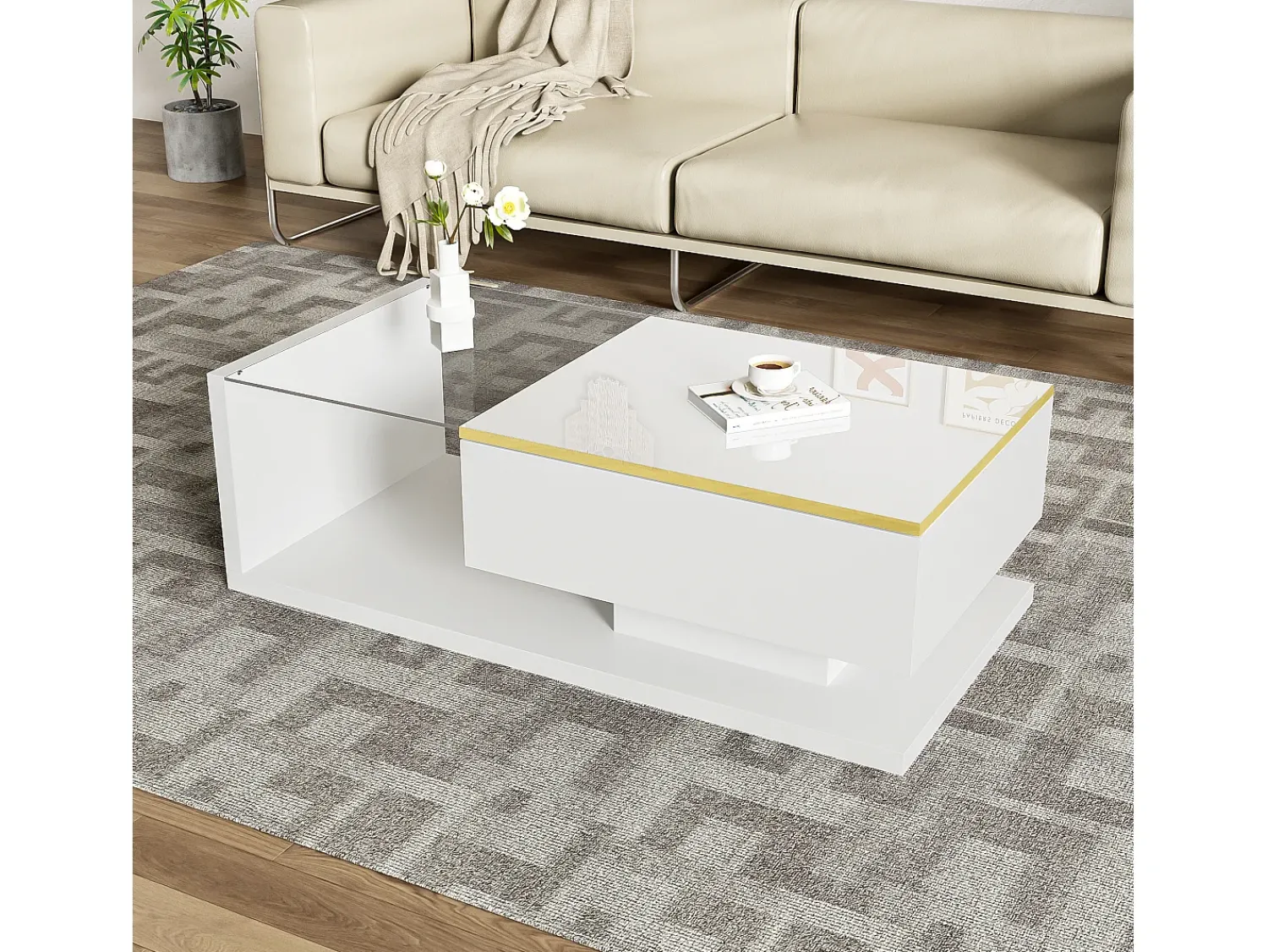 Mesa De Centro|Hauss Spole Mesa de centro retangular 100x50x32,5cm com compartimento de arrumação, corpo e tampo de vidro, LED incluído Branco