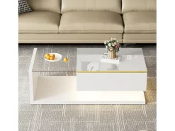 Mesa De Centro|Hauss Spole Mesa de centro retangular 100x50x32,5cm com compartimento de arrumação, corpo e tampo de vidro, LED incluído Branco