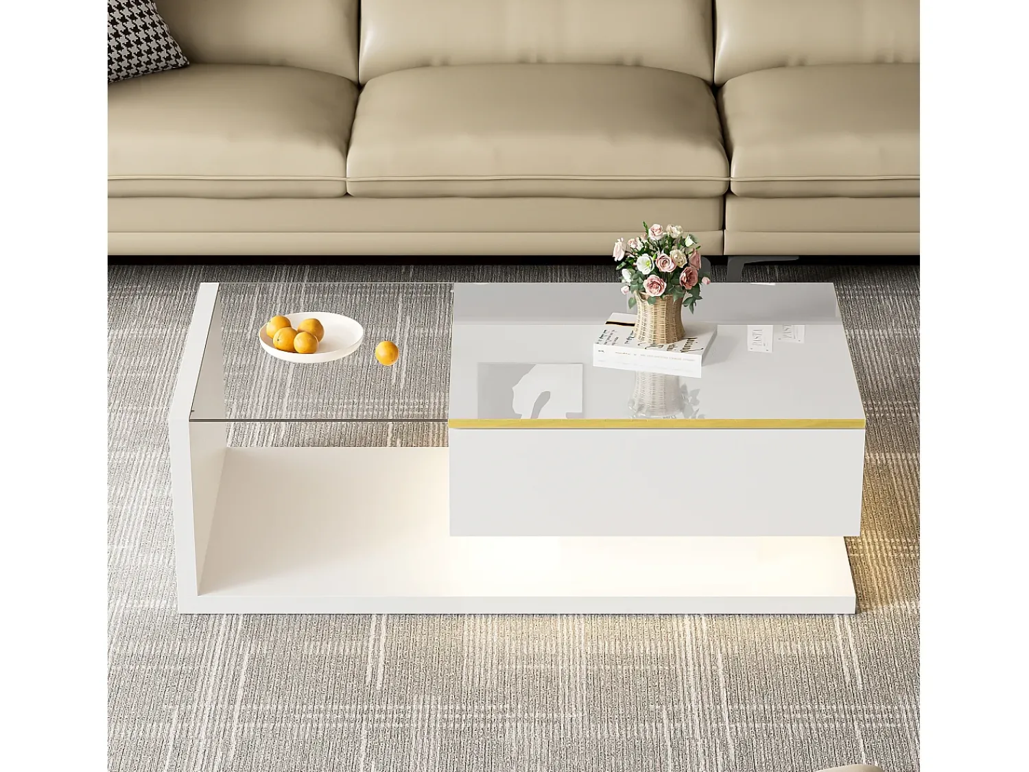 Mesa De Centro|Hauss Spole Mesa de centro retangular 100x50x32,5cm com compartimento de arrumação, corpo e tampo de vidro, LED incluído Branco