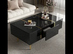 Mesa De Centro| Mesa de centro retangular, mesa de sala de estar com 2 gavetas, com detalhes dourados, preta. Preto