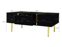 Mesa De Centro| Mesa de centro retangular, mesa de sala de estar com 2 gavetas, com detalhes dourados, preta. Preto