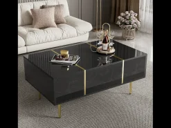 Mesa De Centro| Mesa de centro retangular, mesa de sala de estar com 2 gavetas, com detalhes dourados, preta. Preto