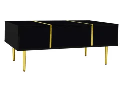 Mesa De Centro| Mesa de centro retangular, mesa de sala de estar com 2 gavetas, com detalhes dourados, preta. Preto
