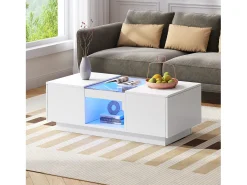 Hauss Spole Mesa de centro retangular 100x50x35,5cm com 2 gavetas laterais e tampo de vidro, LED, branca^ Mesa De Centro