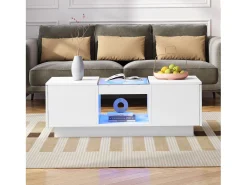 Hauss Spole Mesa de centro retangular 100x50x35,5cm com 2 gavetas laterais e tampo de vidro, LED, branca^ Mesa De Centro