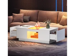 Hauss Spole Mesa de centro retangular 100x50x35,5cm com 2 gavetas laterais e tampo de vidro, LED, branca^ Mesa De Centro