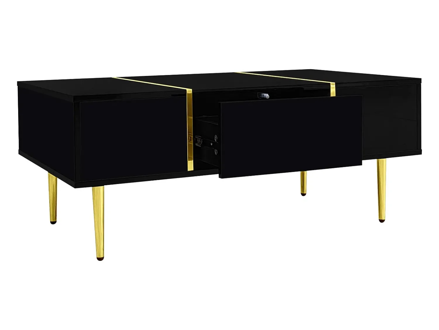 Best Mesa de centro retangular com 2 gavetas, mesa de centro de madeira com detalhes dourados, preta. Preto