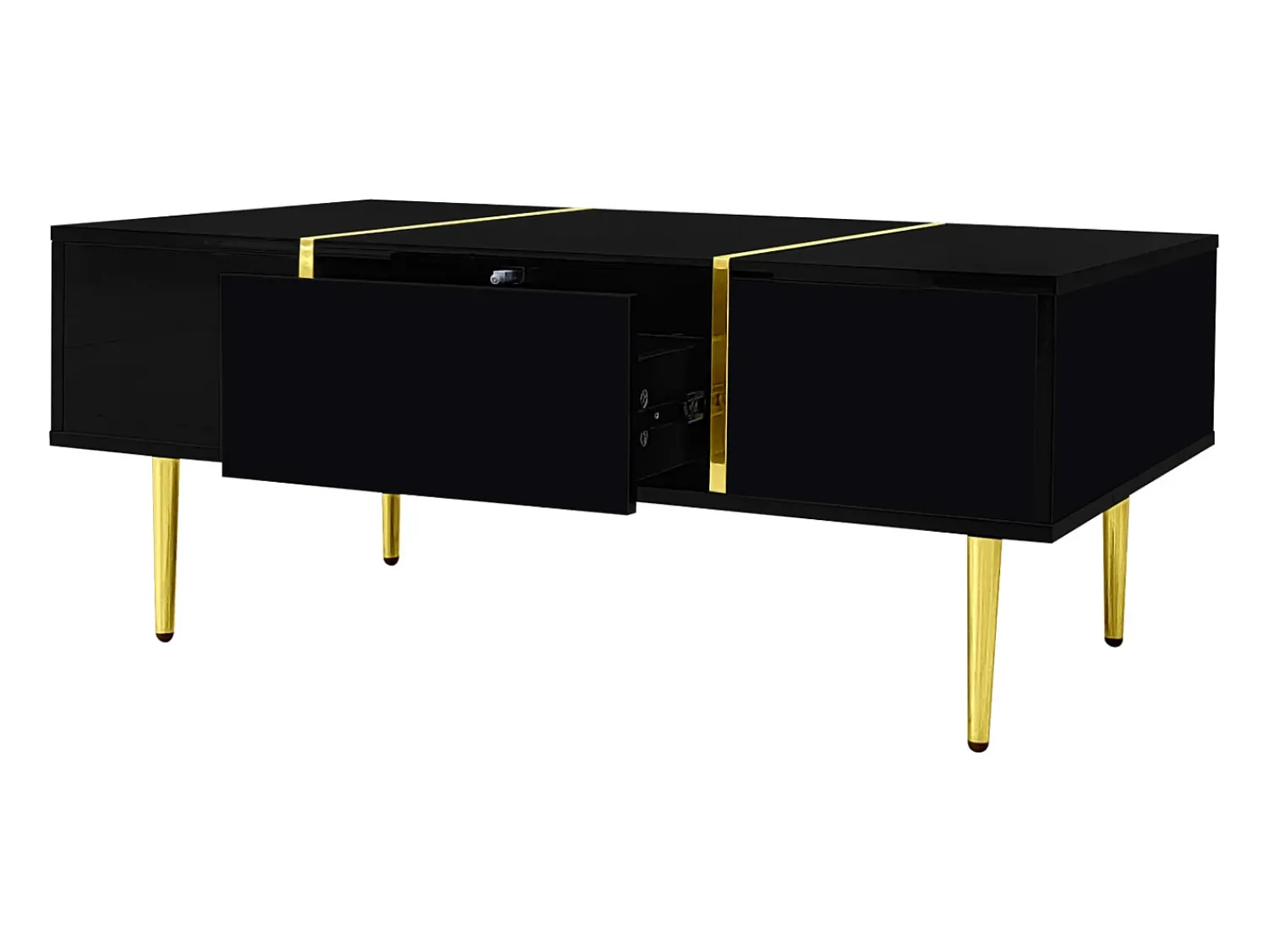 Best Mesa de centro retangular com 2 gavetas, mesa de centro de madeira com detalhes dourados, preta. Preto