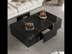 Best Mesa de centro retangular com 2 gavetas, mesa de centro de madeira com detalhes dourados, preta. Preto
