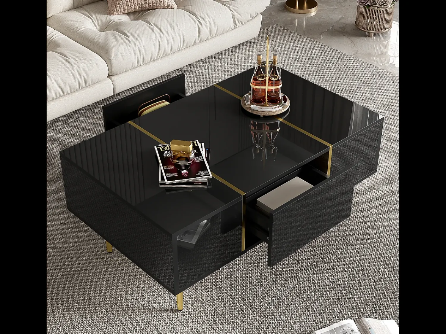 Best Mesa de centro retangular com 2 gavetas, mesa de centro de madeira com detalhes dourados, preta. Preto